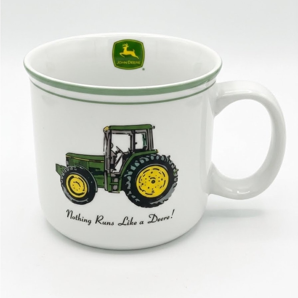 John Deere White Ceramic Lid with Green and Yellow Logo